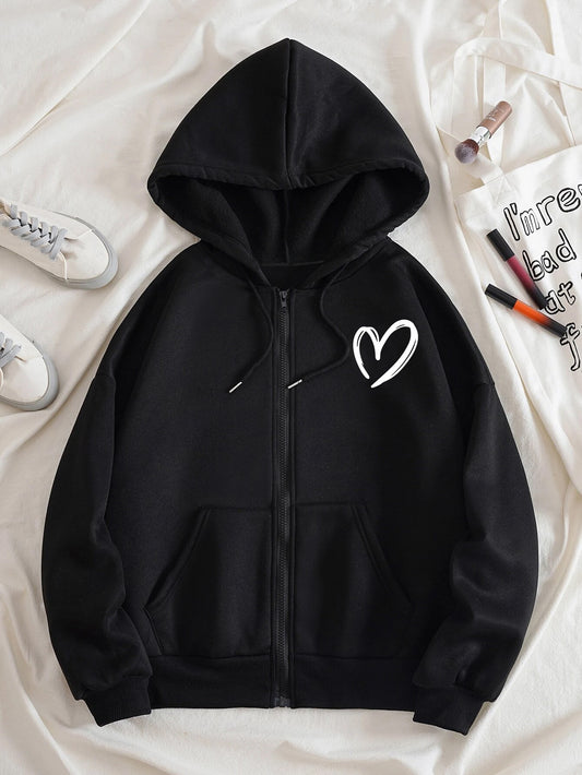 Heart Print Pocket Hoodie, Casual Zip Up Long Sleeve Drawstring Hooded Jacket For Fall & Winter, Women's Clothing